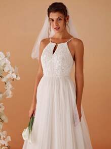 Cold Shoulder Mesh Appliques Wedding Dress White Elegant Bridal Dress - White - View 6