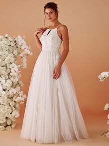 Cold Shoulder Mesh Appliques Wedding Dress White Elegant Bridal Dress - White - View 3