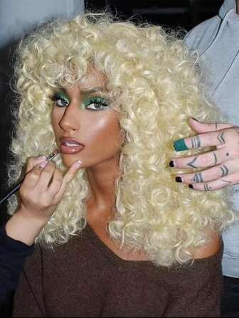 女士卷发假发 合成假发 金色 18 英寸 自然角色扮演假发 带刘海 耐热假发