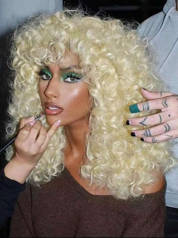 Peluca sintética rizada de 18 pulgadas para mujeres, peluca rubia esponjosa con flequillo, peluca de cosplay de aspecto natural, resistente al calor