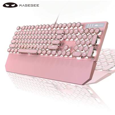  Teclado mecânico para jogos MageGee Typewriter, teclas redondas retrô punk, LED branco, retroiluminado, com apoio para pulso removível para jogos e escritório, para laptop com Windows - interruptores azuis