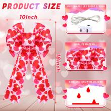 2 Pcs Valentines Bows Lighted Wreath Bow Outdoor LED Lights Burlap Bow Large Pink Heart Printed Bows Tree Topper For Valentine's Day Party Gifts Indoor Outdoor Door Wall Decor - 彩色 - 查看 2