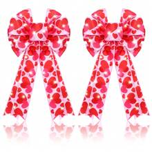 2 Pcs Valentines Bows Lighted Wreath Bow Outdoor LED Lights Burlap Bow Large Pink Heart Printed Bows Tree Topper For Valentine's Day Party Gifts Indoor Outdoor Door Wall Decor - 彩色 - 查看 1