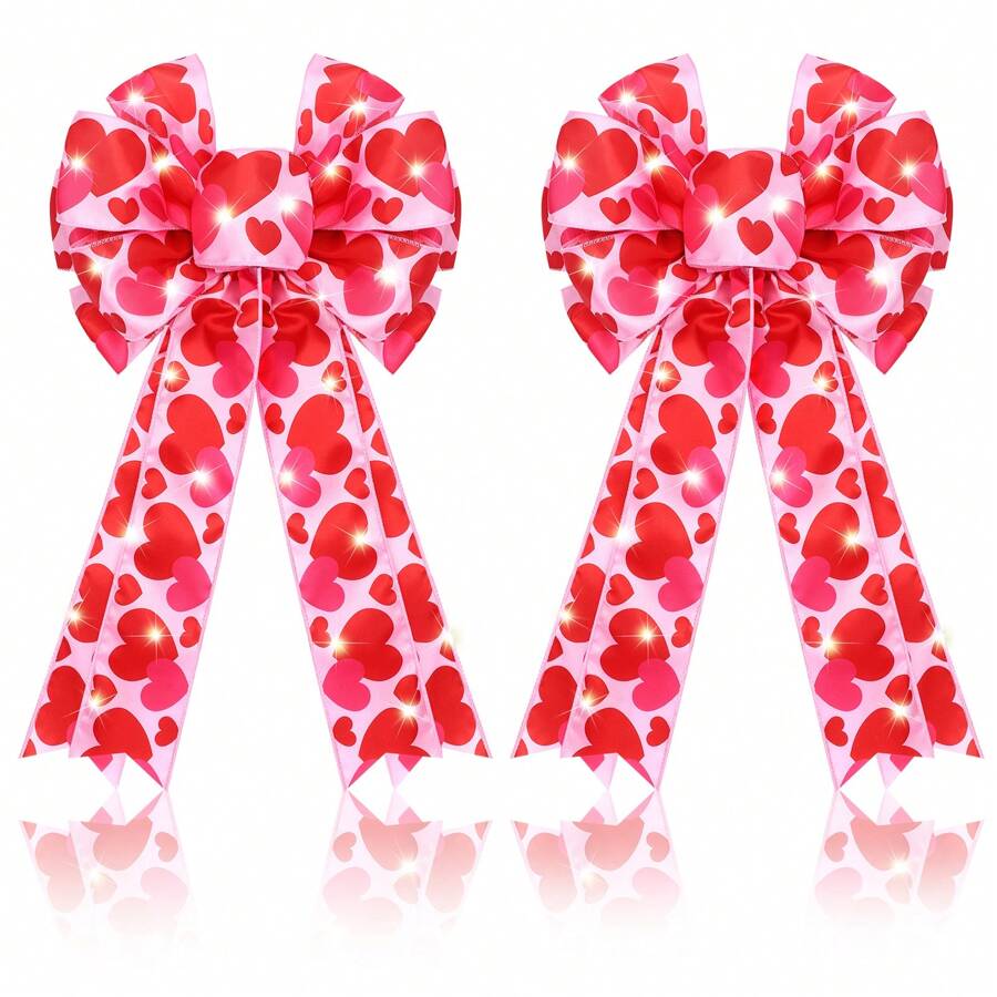 2 Pcs Valentines Bows Lighted Wreath Bow Outdoor LED Lights Burlap Bow Large Pink Heart Printed Bows Tree Topper For Valentine's Day Party Gifts Indoor Outdoor Door Wall Decor - 彩色 - 查看 1