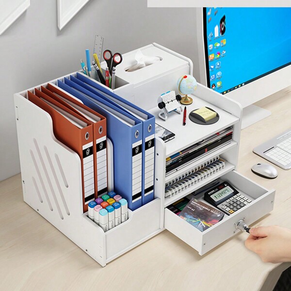 2 In 1 Office Desk Filing Storage & Pen Holder Organiser Table Wooden Tidy Case