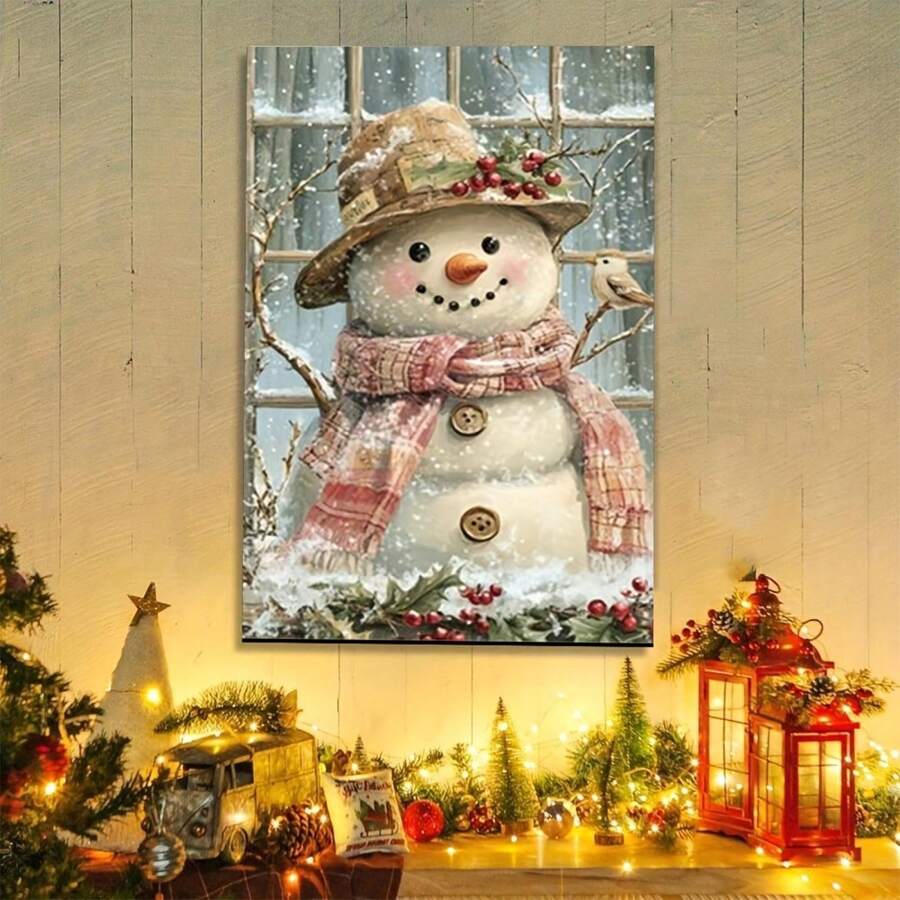 Charming Snowman Canvas Art - Wooden Framed Wall Decor For Living Room, Bedroom, Hallway | Perfect Winter Home Accent
