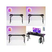 LILIIN 120/ 140/ 160 x 60cm Gaming Tisch Gamer Schreibtisch A-förmiger Computertisch mit RGB LED-Licht, Kohlefaseroberfläche Ergonomischer Eckschreibtisch mit Getränkehalter und Kopfhörerhaken
