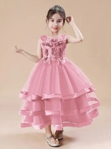 Vestido de princesa sin mangas hecho a mano con cuentas para niñas, vestido de gala formal con parches de satén y encaje, vestido de noche para bodas y actuaciones - Rosa - Ver 3