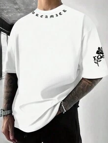 Camiseta de manga corta casual con cuello redondo para hombre, con estampado de letra y floral - Multicolor - Ver 3