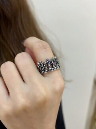 1 pieza Anillo de plata esterlina 925 estilo retro desgastado con circonia cúbica, adecuado para uso diario de mujeres