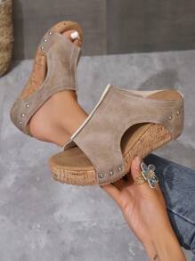 Vintage Peep Toe Peep-Toe Sandals For Women, Beige/Black Anti-Slip Thick Bottom Wedge Heels Outdoor/Beach Slippers, Comfortable High Heels