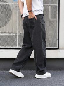 Men's Elastic Drawstring Washed Distressed Black Jeans - Black - View 4