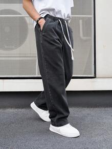 Men's Elastic Drawstring Washed Distressed Black Jeans - Black - View 2