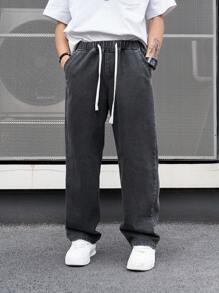 Men's Elastic Drawstring Washed Distressed Black Jeans - Black - View 1