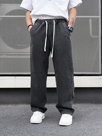 Men's Elastic Drawstring Washed Distressed Black Jeans