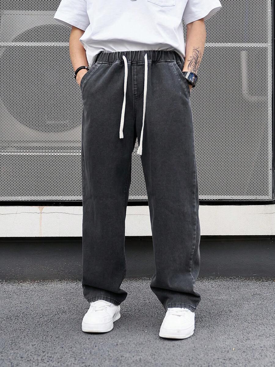 Men's Elastic Drawstring Washed Distressed Black Jeans - Black - View 1