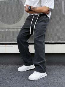 Men's Elastic Drawstring Washed Distressed Black Jeans - Black - View 5