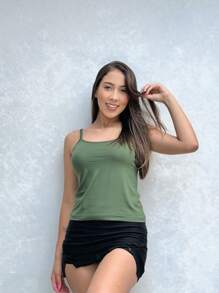 Women's Plain Tank Top In Vicolycra Mesh Baby Look Thin Straps Various Colors - 軍綠色 - 查看 1