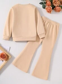 Toddler Cartoon Print Crewneck Sweatshirt And Flared Pants Set - Apricot - View 2