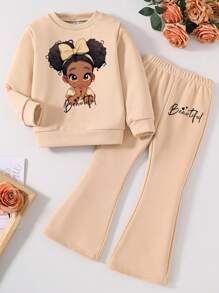 Toddler Cartoon Print Crewneck Sweatshirt And Flared Pants Set - Apricot - View 3