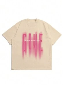 女士字母印花时尚百搭圆领短袖 T 恤，适合日常穿着 - 杏色 - 查看 3