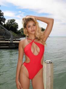 Traje de baño de una pieza con tirantes finos de nailon rojo, diseño de corte hueco para mujer, para usar en la playa en verano