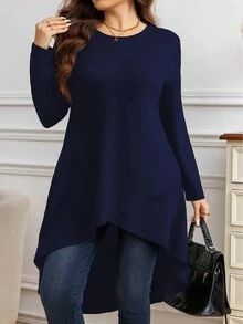 Abito lungo in maglia a-line con orlo asimmetrico, scollo tondo, parte anteriore corta e parte posteriore lunga, taglie forti - Blu Navy - Visualizzare 2