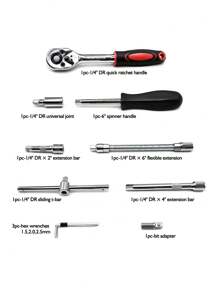 Juego de dados, juego de llaves de vaso de 46 piezas de 1/4" ,Juego de llaves de carraca con juego de llaves de vaso de broca métricas y extensiones para reparación de automóviles y hogar con caja de almacenamiento - Rojo - Ver 4