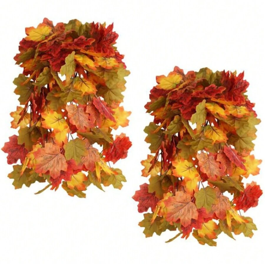 2 piezas de ramas con hojas de arce artificiales, hojas de arce de otoño, hojas de otoño falsas, tallos de hojas de otoño de seda, ramo de otoño artificial para acción de gracias, interior y exterior, hogar y cocina en otoño - Naranja - Ver 1
