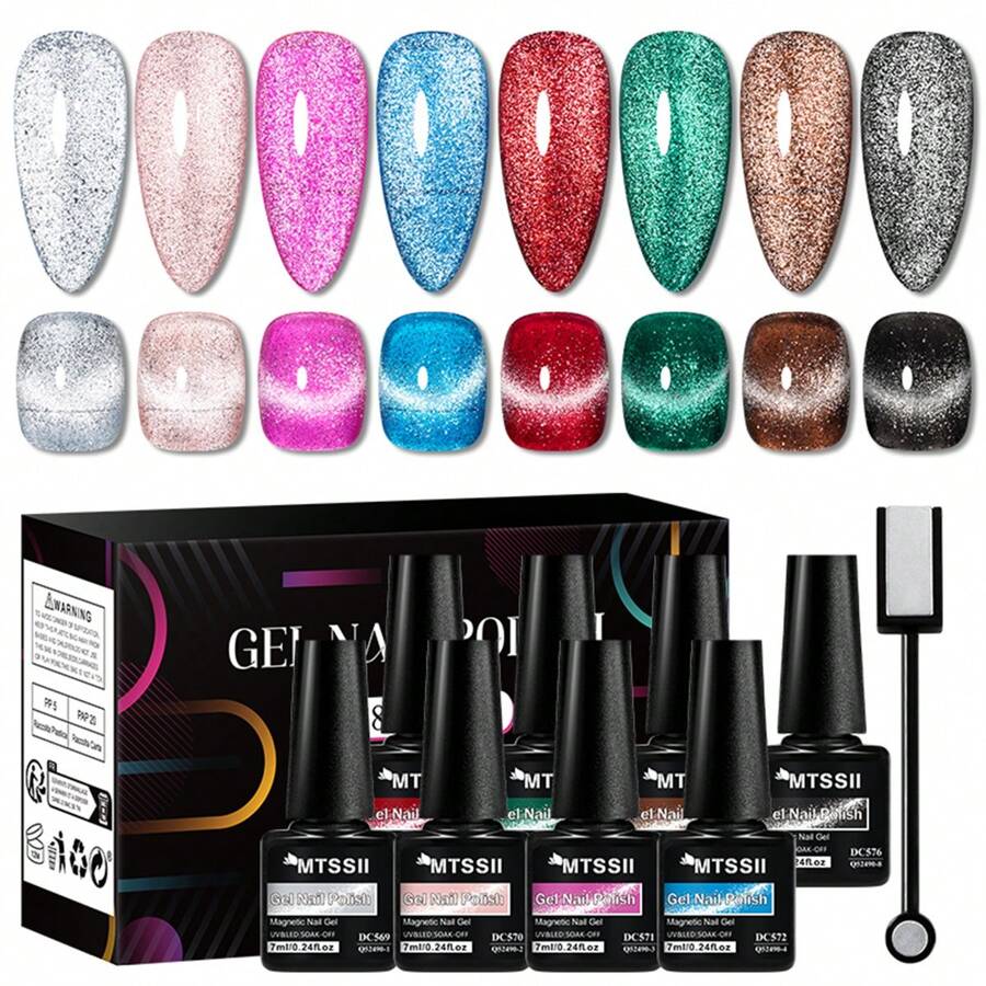 Valentines Cat Eye Gel Nail Polish Set, Red Super Shine Wide Magnetic Cateye Gel Polish With Magnet Stick Included, Semi Permanent UV Gel Soak Off Nail Art Varnish For Valentines Decor Manicure Kit With Box Nail Art DIY Gift For Women