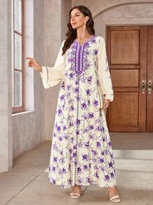 V-Neck Dress, All-Over Printed, Thick & Soft Four-Way Stretch Fabric, Elegant & Luxury Arab Style Abaya Dress For Women - Multicolor - View 4