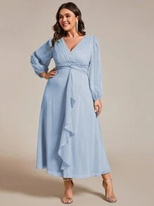 Vestido formal azul de dama de honor de manga larga con detalle de volantes y giro, elegante y de talla grande para invitada de boda - Celeste - Ver 5