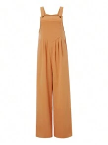 Womens Fashion Solid Color Jumpsuit Casual Button Wide Leg Suspender Overalls With Pockets - 芥末黃 - 查看 2