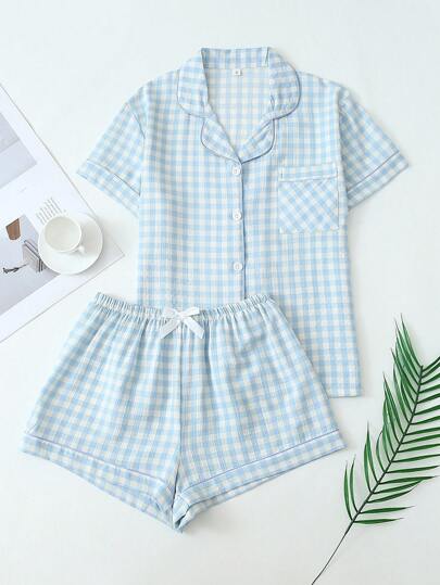 2 件女式格子印花睡衣套装，短袖纽扣领上衣和短裤，休闲夏季睡衣，两件套，清凉浅蓝色