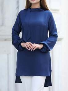 Tunică Kaftan Ramadan în culoare solidă, Burqa elegantă cu mânecă tip lanternă, pentru femei, modă casual de primăvară - Albastru - Vizualizare 2