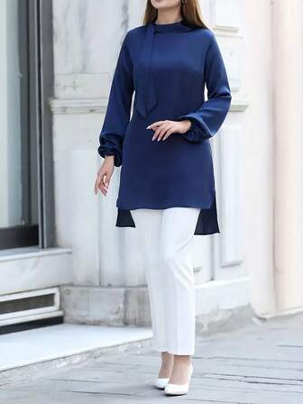 Ramadhan Solid Color Kaftan Tunic, Elegant Lantern Sleeve Burqa, Women,Modest