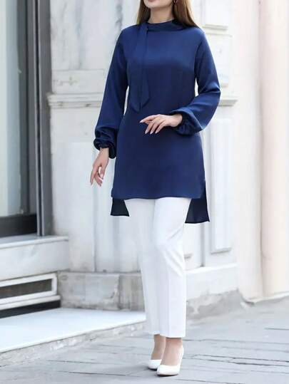 斋月纯色长袍式罩袍，优雅灯笼袖罩袍，女士，端庄休闲春季款