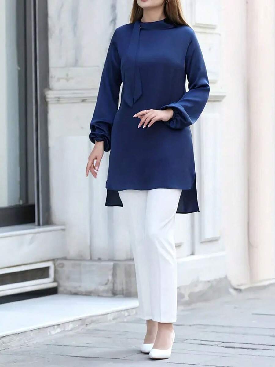 Tunică Kaftan Ramadan în culoare solidă, Burqa elegantă cu mânecă tip lanternă, pentru femei, modă casual de primăvară - Albastru - Vizualizare 1