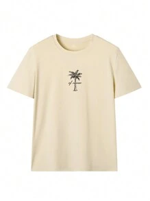 女士简约椰树标语印花休闲圆领短袖T恤，简约百搭，适合日常和度假穿着。图案T恤，女款，白色、黑色、粉色，夏季款 - 杏色 - 查看 5