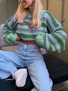 Dames Modieuze Crop Top Kleurblok Lange Mouw Contrasterende Gestreepte Ronde Hals Drop Schouder Pullover Gebreide Herfst Winter Trui