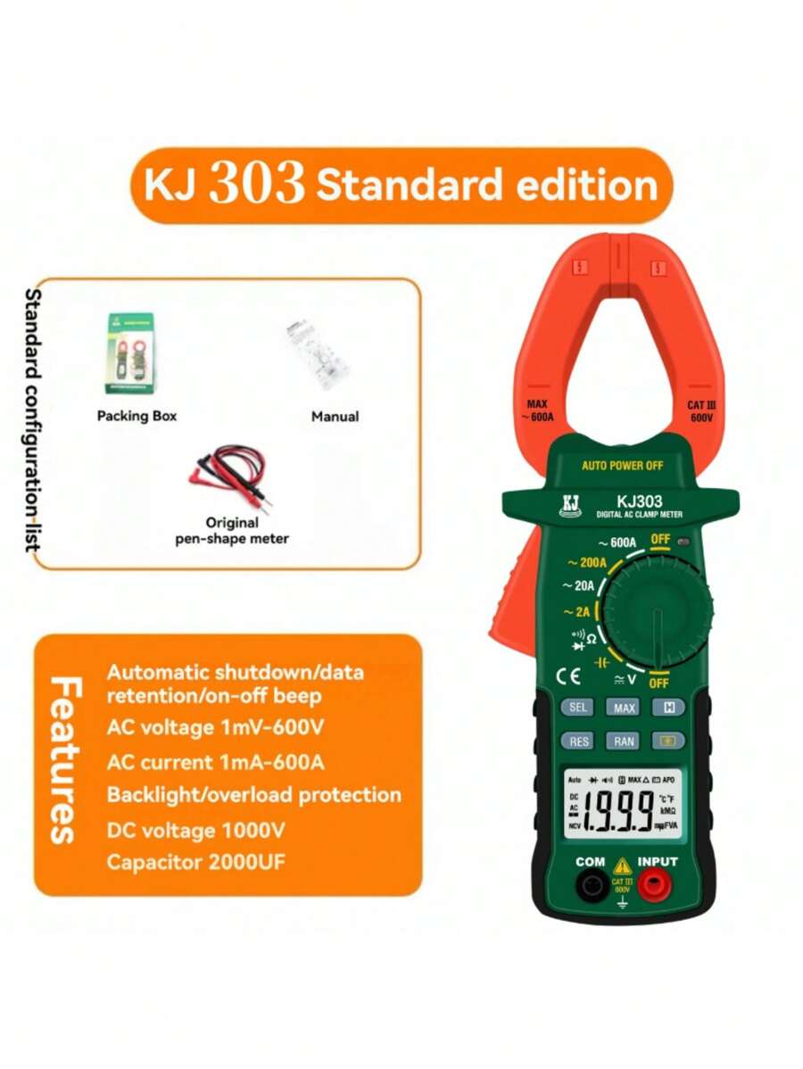 מודד קלאמפ דיגיטלי KJ303 פרימיום, מדידה מדויקת, אוהם, בדיקת דיודה ...