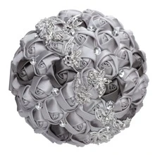 新娘婚礼奢华蝴蝶花束，闪亮银水晶缎带玫瑰，勃艮第奶油色面料永生花花束 W2216-Z