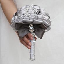 新娘婚礼奢华蝴蝶花束，闪亮银水晶缎带玫瑰，勃艮第奶油色面料永生花花束 W2216-Z