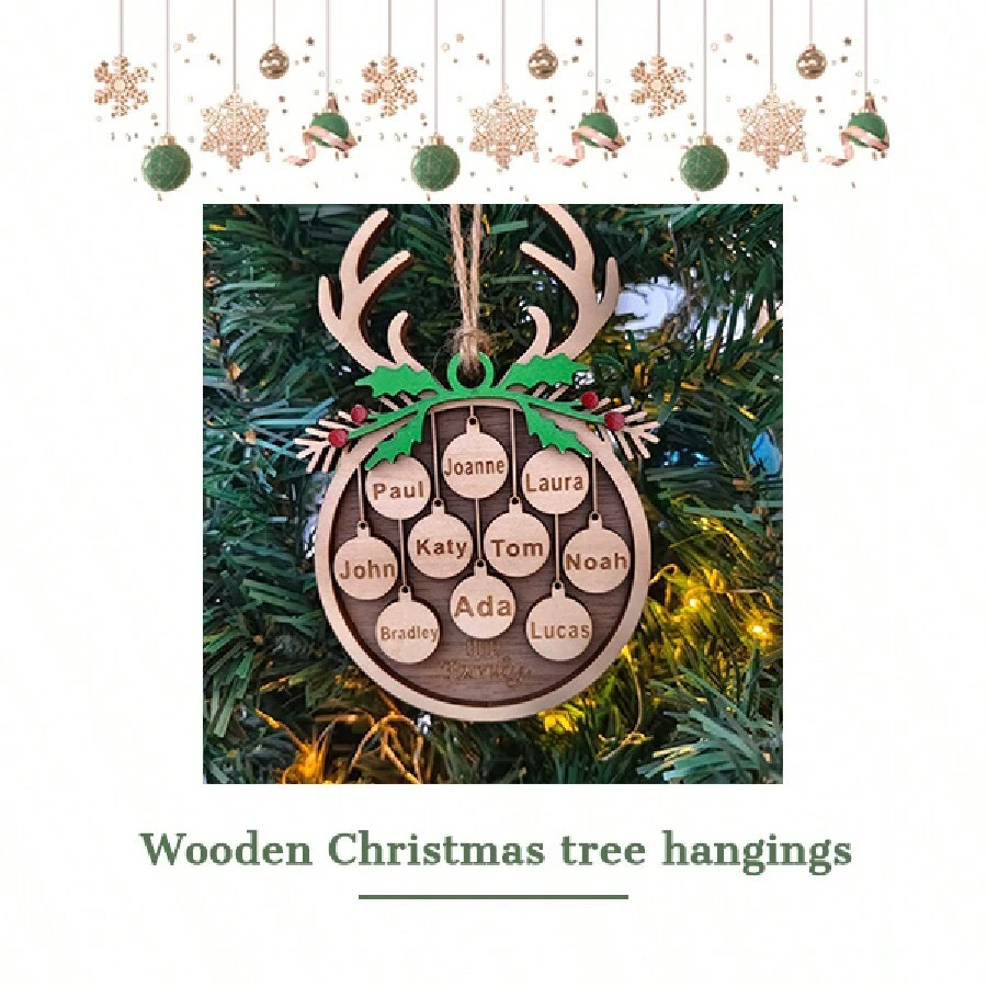 Klasyczna drewniana ozdoba choinkowa spersonalizowana z niestandardowym imieniem Deer Horn Design. Drewniana wisząca dekoracja jest idealna na świąteczne przyjęcie, Boże Narodzenie i Nowy Rok