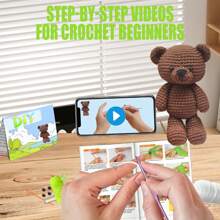 Set de Ganchillo para principiantes de Oso de Navidad DIY, Kit de animales de peluche Amigurumi - Regalo de Kit de iniciación al Ganchillo Conjunto completo de aprendizaje de ganchillo todo en uno - Marrón - Ver 3