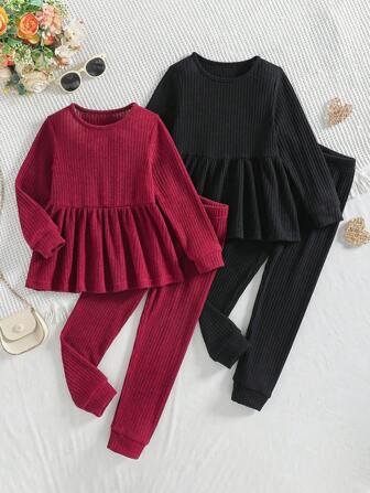 2 件女童纯色圆领长袖上衣和裤子套装，经典红黑色百搭秋冬季服装