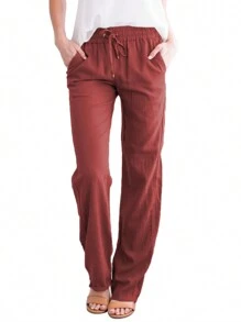 Women's Loose Trousers Casual Solid Color Wide-Leg Trousers Drawstring Design Fashion Pants - 酒紅色 - 查看 1