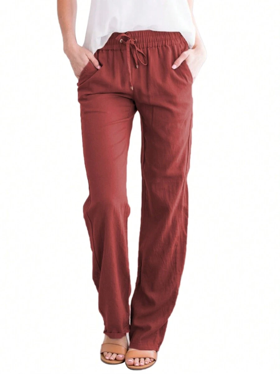 Women's Loose Trousers Casual Solid Color Wide-Leg Trousers Drawstring Design Fashion Pants - 酒紅色 - 查看 1