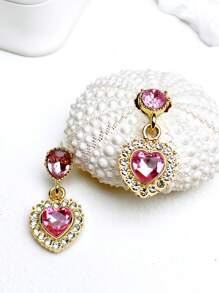 Bông tai thả trái tim đá quý - Màu Hồng baby - Xem 2