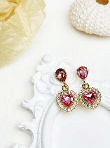 Bông tai thả trái tim đá quý - Màu Hồng baby - Xem 5